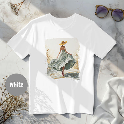 Woman In Green Dress Oil Painting T Shirt, Elegant Fashion Illustration Wearable Tee, Brim Sun Hat Vintage Top, Art Lover Birthday Gift image 2