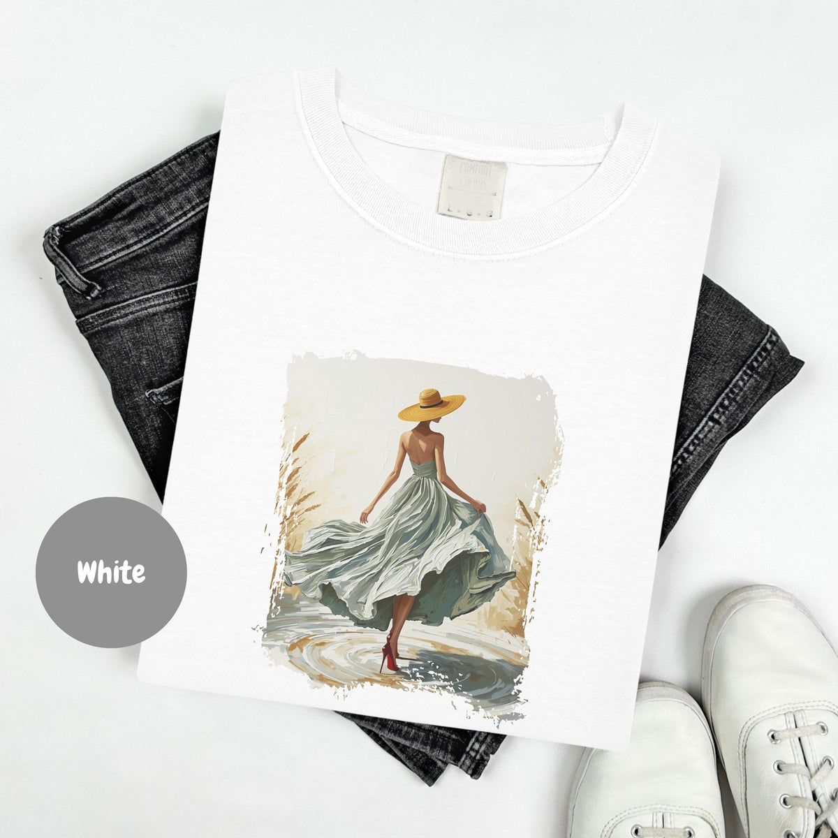 Woman In Green Dress Oil Painting T Shirt, Elegant Fashion Illustration Wearable Tee, Brim Sun Hat Vintage Top, Art Lover Birthday Gift image 4