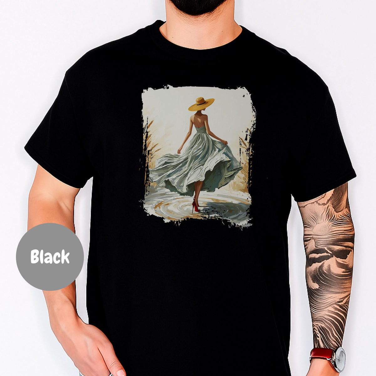 Woman In Green Dress Oil Painting T Shirt, Elegant Fashion Illustration Wearable Tee, Brim Sun Hat Vintage Top, Art Lover Birthday Gift image 5