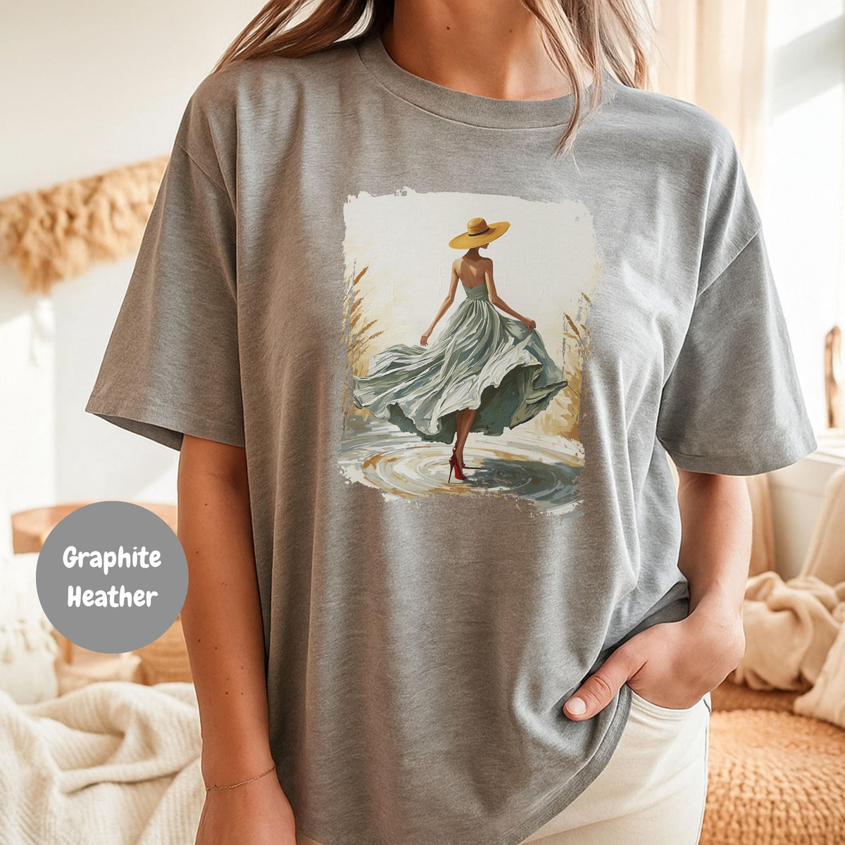 Woman In Green Dress Oil Painting T Shirt, Elegant Fashion Illustration Wearable Tee, Brim Sun Hat Vintage Top, Art Lover Birthday Gift Graphite Heather