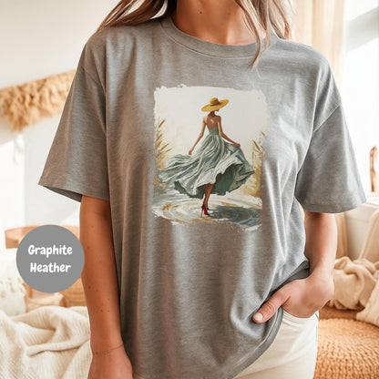 Woman In Green Dress Oil Painting T Shirt, Elegant Fashion Illustration Wearable Tee, Brim Sun Hat Vintage Top, Art Lover Birthday Gift Graphite Heather