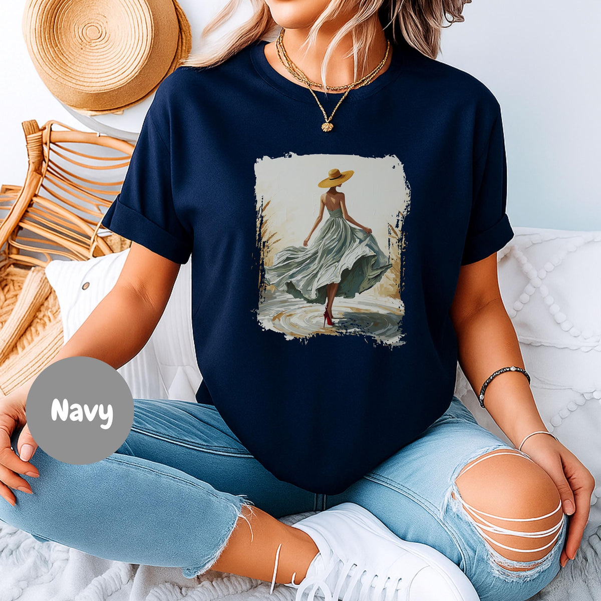 Woman In Green Dress Oil Painting T Shirt, Elegant Fashion Illustration Wearable Tee, Brim Sun Hat Vintage Top, Art Lover Birthday Gift Navy