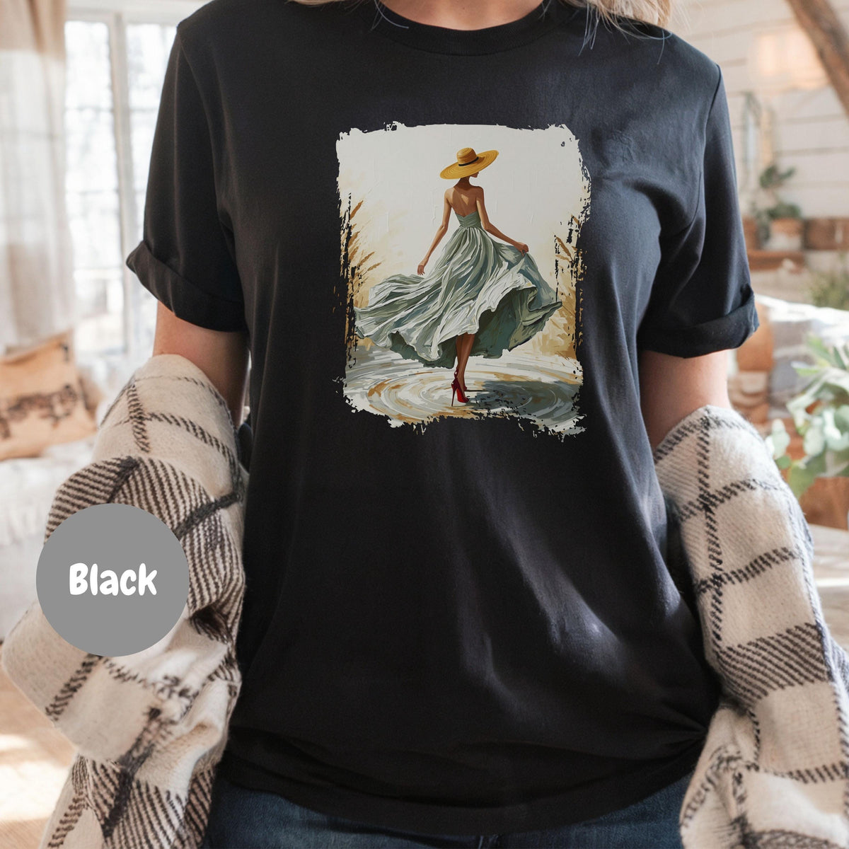 Woman In Green Dress Oil Painting T Shirt, Elegant Fashion Illustration Wearable Tee, Brim Sun Hat Vintage Top, Art Lover Birthday Gift Black