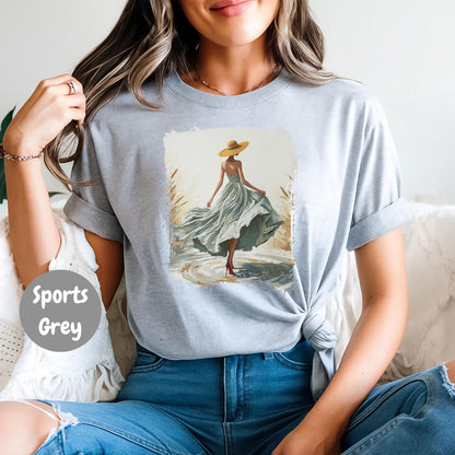 Woman In Green Dress Oil Painting T Shirt, Elegant Fashion Illustration Wearable Tee, Brim Sun Hat Vintage Top, Art Lover Birthday Gift Sport Grey