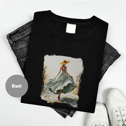 Woman In Green Dress Oil Painting T Shirt, Elegant Fashion Illustration Wearable Tee, Brim Sun Hat Vintage Top, Art Lover Birthday Gift image 10