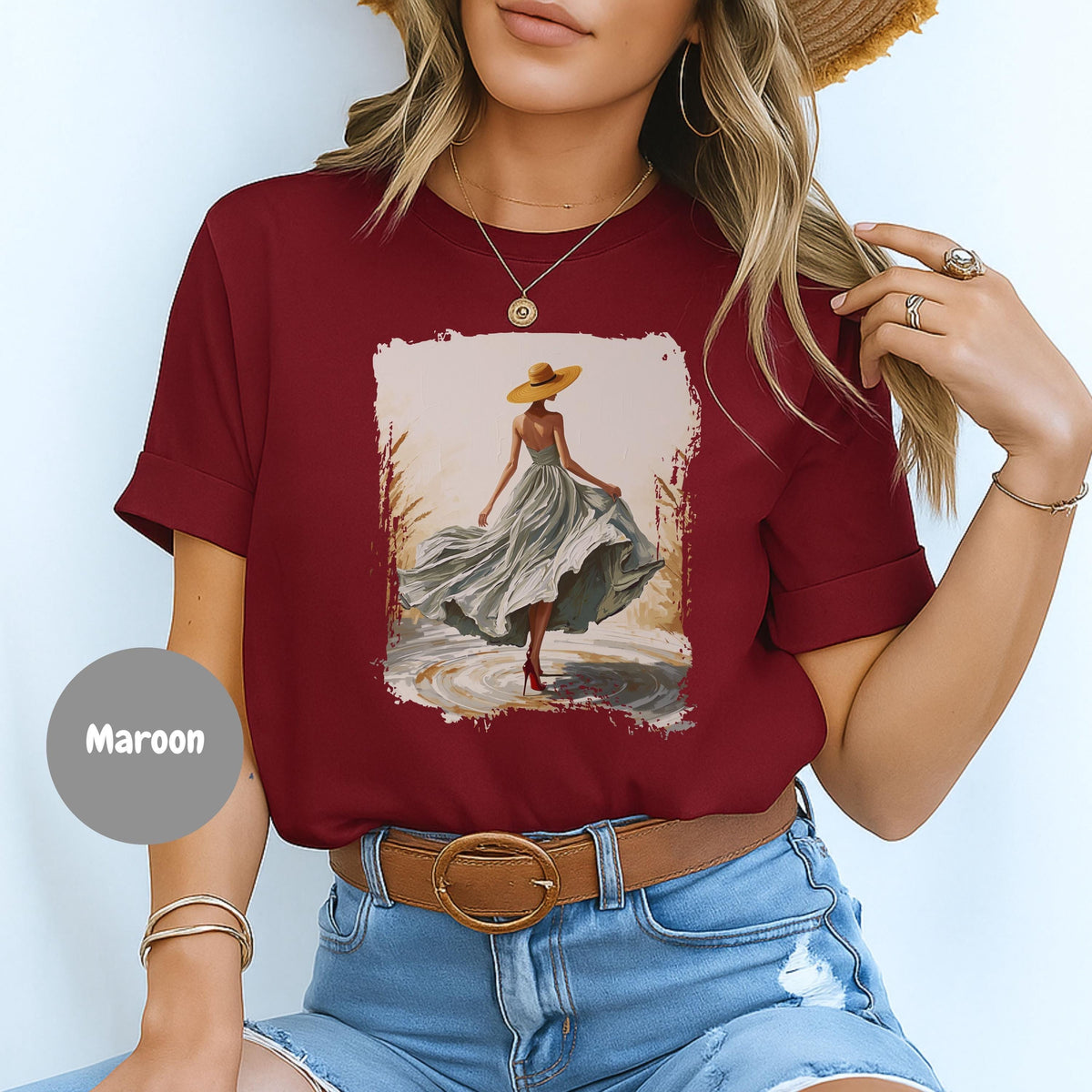 Woman In Green Dress Oil Painting T Shirt, Elegant Fashion Illustration Wearable Tee, Brim Sun Hat Vintage Top, Art Lover Birthday Gift Maroon