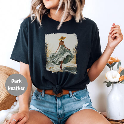 Woman In Green Dress Oil Painting T Shirt, Elegant Fashion Illustration Wearable Tee, Brim Sun Hat Vintage Top, Art Lover Birthday Gift Dark Heather