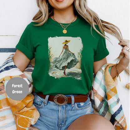 Woman In Green Dress Oil Painting T Shirt, Elegant Fashion Illustration Wearable Tee, Brim Sun Hat Vintage Top, Art Lover Birthday Gift Forest Green