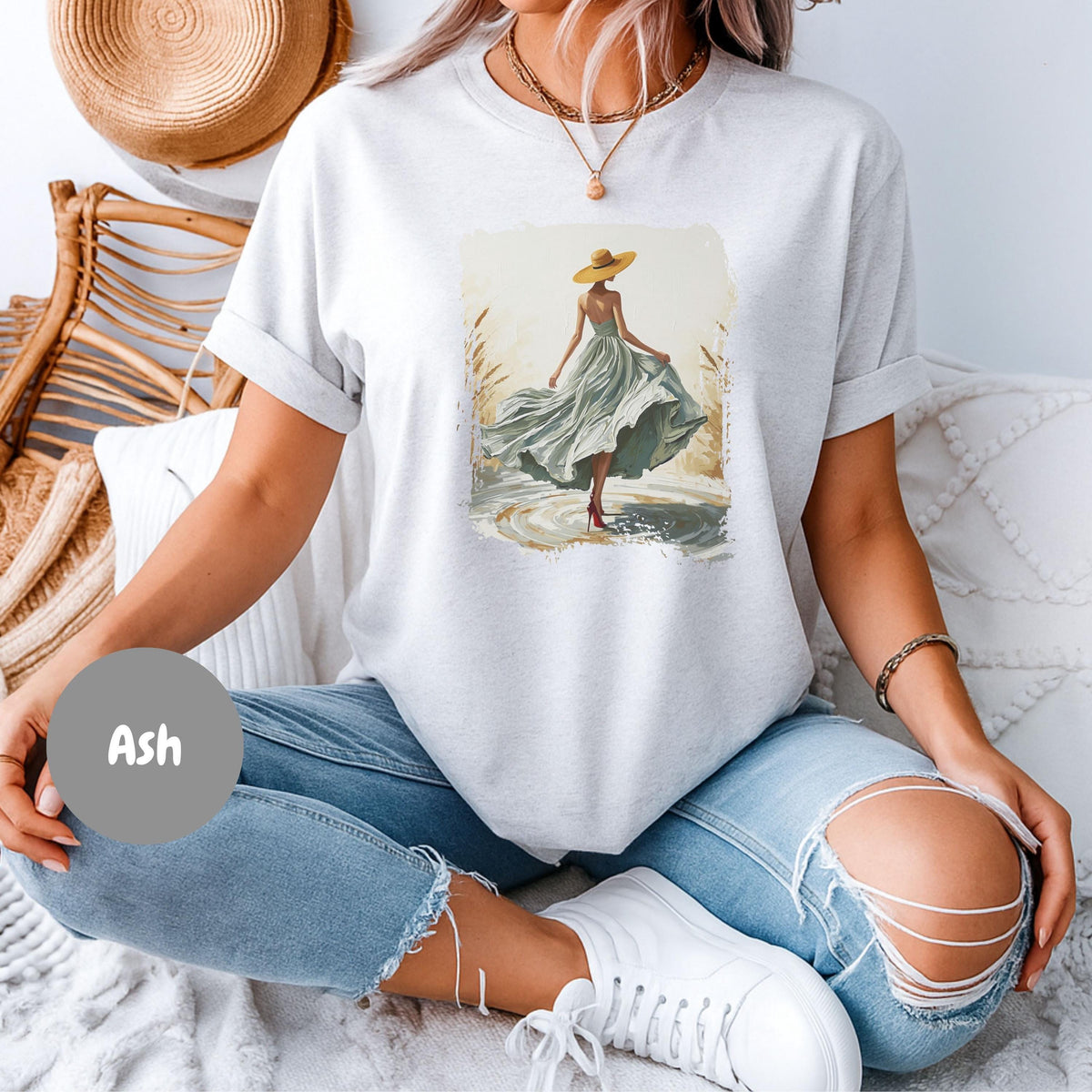 Woman In Green Dress Oil Painting T Shirt, Elegant Fashion Illustration Wearable Tee, Brim Sun Hat Vintage Top, Art Lover Birthday Gift Ash