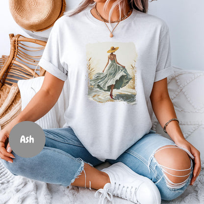 Woman In Green Dress Oil Painting T Shirt, Elegant Fashion Illustration Wearable Tee, Brim Sun Hat Vintage Top, Art Lover Birthday Gift Ash