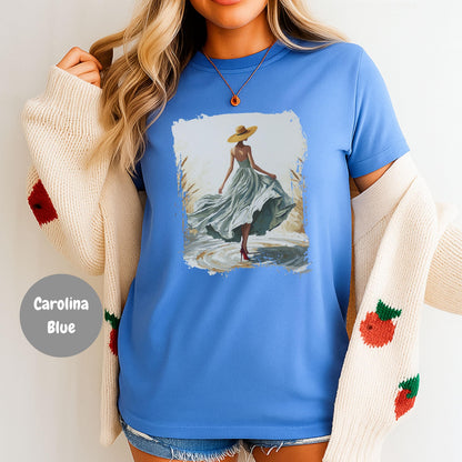 Woman In Green Dress Oil Painting T Shirt, Elegant Fashion Illustration Wearable Tee, Brim Sun Hat Vintage Top, Art Lover Birthday Gift Carolina Blue