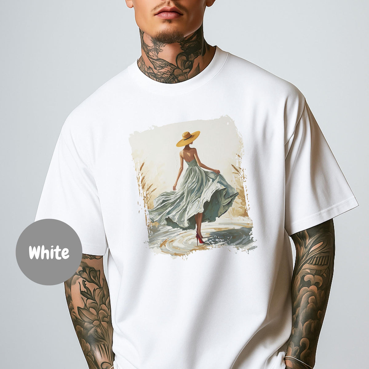 Woman In Green Dress Oil Painting T Shirt, Elegant Fashion Illustration Wearable Tee, Brim Sun Hat Vintage Top, Art Lover Birthday Gift image 18
