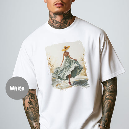 Woman In Green Dress Oil Painting T Shirt, Elegant Fashion Illustration Wearable Tee, Brim Sun Hat Vintage Top, Art Lover Birthday Gift image 18