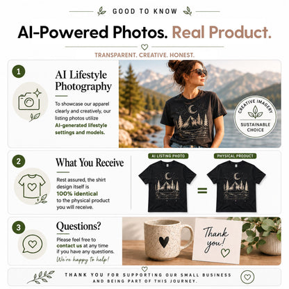 The image is a promotional graphic for a product called "Al-Powered Photos. Real Product." It features a woman posing with a camera, along with text and images that describe the product. The image includes a list of features such as "Transparent, Creative, Honest," "Al-generated lifestyle settings and models," and "What You Receive" along with a "Thank you" message. The image also includes a mug and a plant, adding to the overall visual appeal.