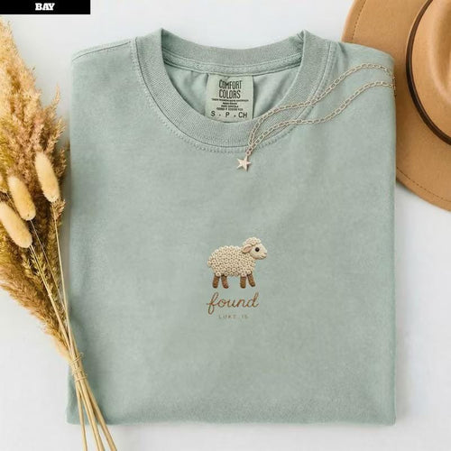 May include: A sage green crewneck t-shirt featuring an embroidered cream-colored sheep with brown hooves and face. Below the sheep, the text reads "found" in cursive and "LUKE 15" in block letters. A silver star pendant necklace rests on the collar.