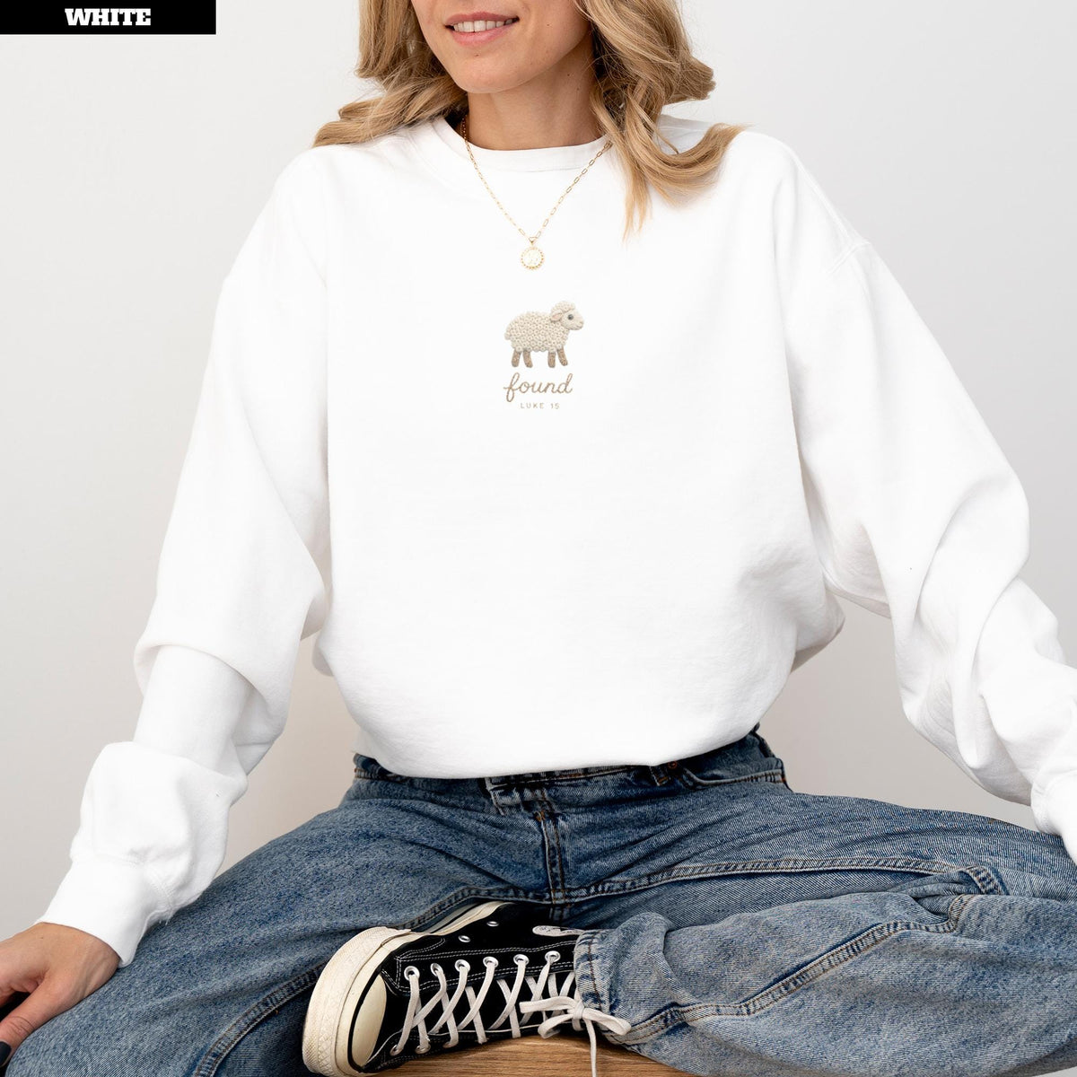 Lost Sheep Shirt Women, Minimalist Found Lamb Luke 15 Christian Tee, Faux Embroidered Keepsake, Dainty Baptism Gift, Comfort Colors White
