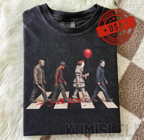 Vintage Horror Characters Abbey Road Shirt, Retro Halloween Crewneck, Classic Movie T-Shirt, Comfort Colors Aesthetic Streetwear Gift image 1