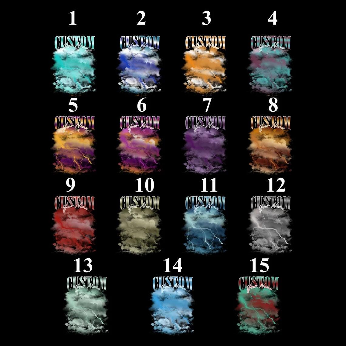 May include: A collection of fifteen graphic designs arranged in a grid, each featuring the word CUSTOM in a metallic font above the text Your Name, set against a background of colorful, stormy clouds with lightning bolts in various color palettes.