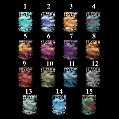 May include: A collection of fifteen graphic designs arranged in a grid, each featuring the word CUSTOM in a metallic font above the text Your Name, set against a background of colorful, stormy clouds with lightning bolts in various color palettes.
