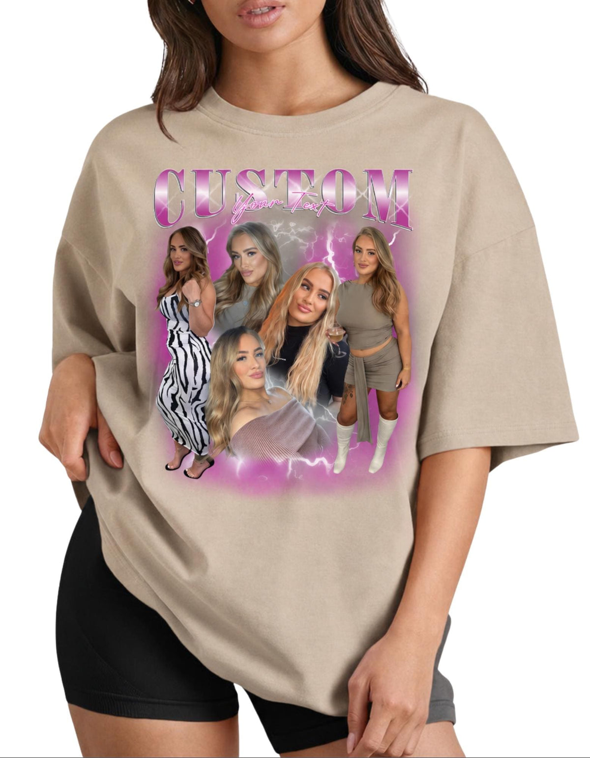 May include: A beige short-sleeve t-shirt featuring a graphic print with the word CUSTOM in large metallic pink letters. The design includes a collage of five photographs of a person in various outfits, surrounded by a bright pink lightning effect.