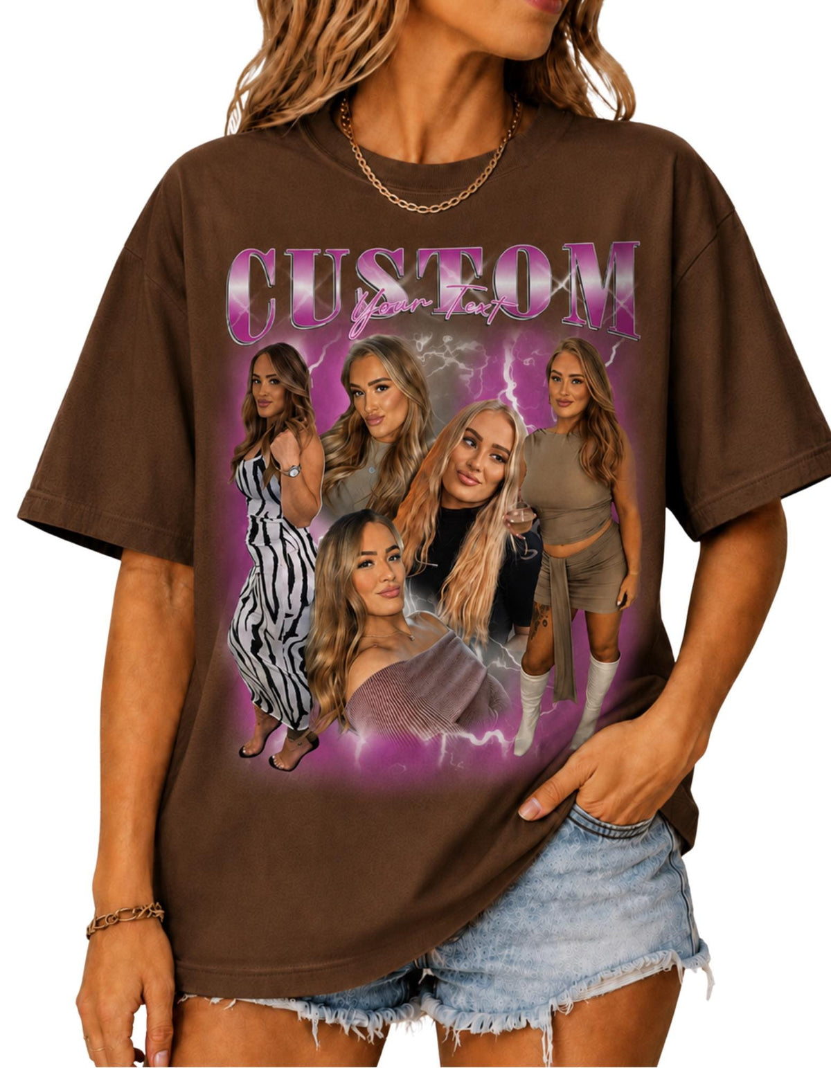 May include: A brown short-sleeved t-shirt featuring a graphic print with the word CUSTOM in large purple letters and the text Your Text below it. The design includes a collage of five photographs of the same person against a purple lightning background.