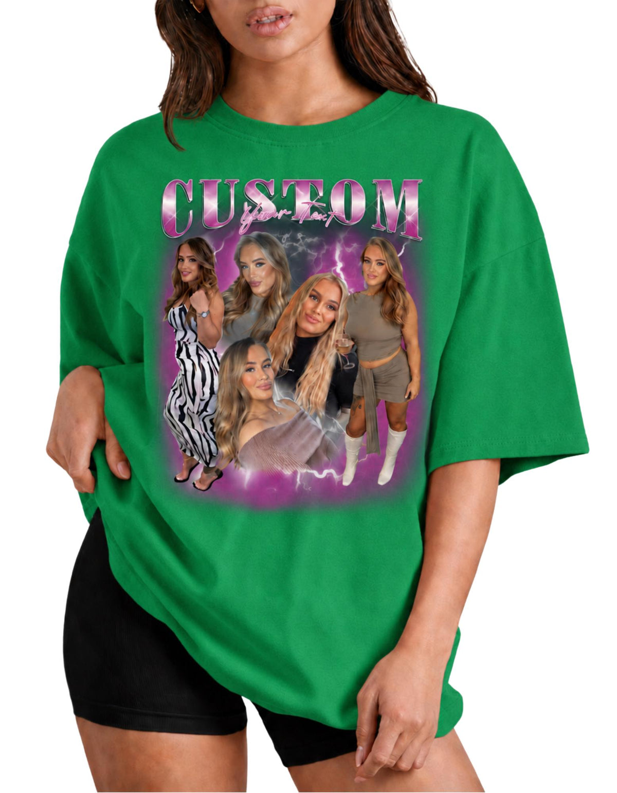 May include: A bright green oversized t-shirt featuring a graphic print with the word CUSTOM in large metallic pink letters. The design includes a collage of five photographs of the same person, set against a vibrant purple lightning background.