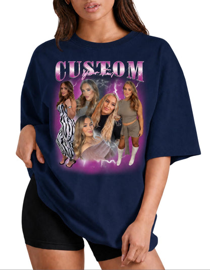 May include: A navy blue t-shirt featuring a graphic print with the word CUSTOM in large pink letters at the top. Below the text, a collage of five photographs of the same person is displayed against a vibrant purple background with lightning effects.