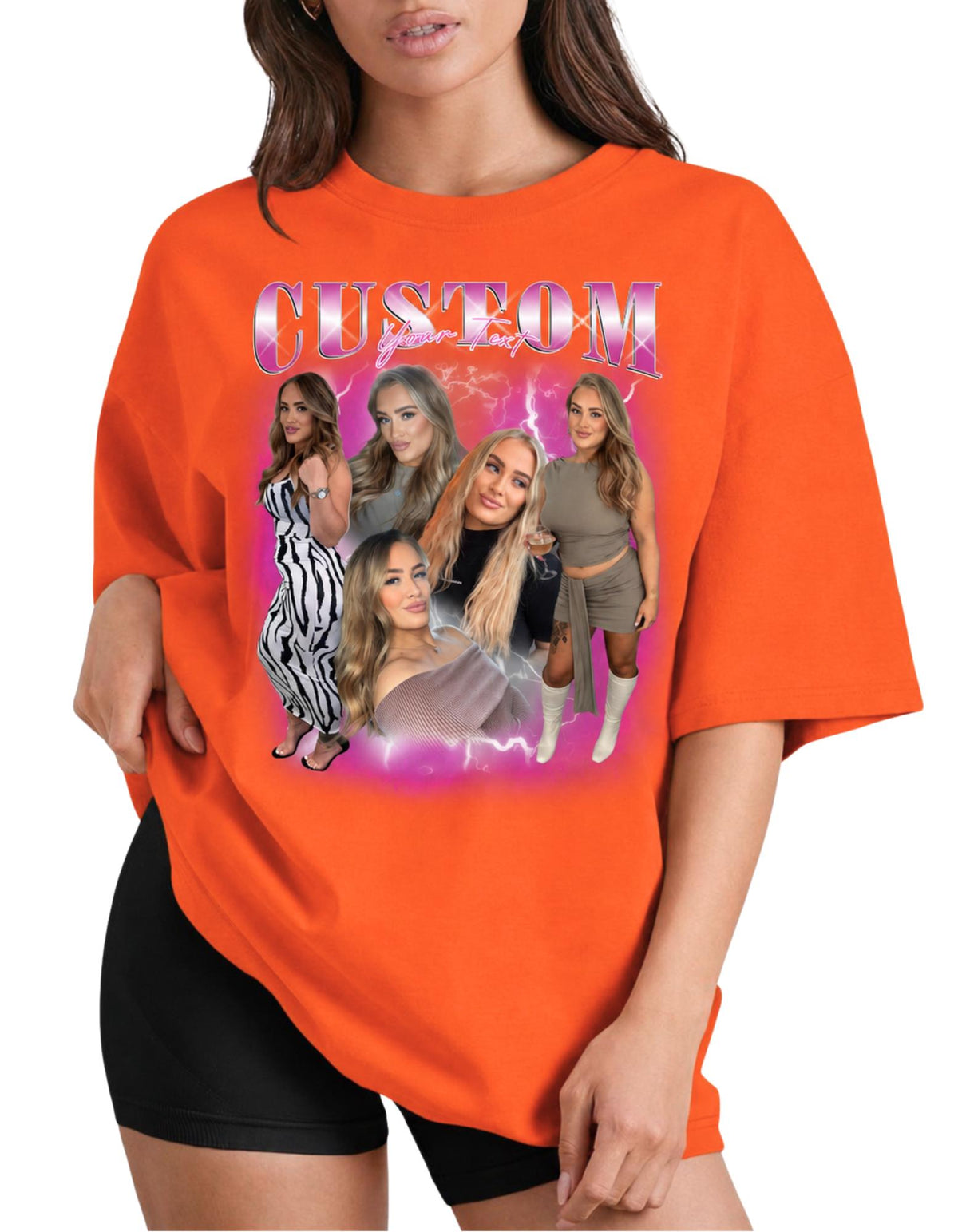 May include: An oversized bright orange t-shirt featuring a graphic print with the word CUSTOM in a metallic purple font. The design includes a collage of five photographs of a person in various outfits, set against a vibrant pink lightning background.