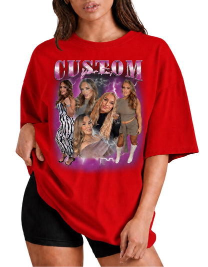 May include: A bright red oversized t-shirt featuring a graphic print with the word CUSTOM in large metallic letters. The design includes a collage of five photographs of a person in various outfits, set against a purple lightning background.
