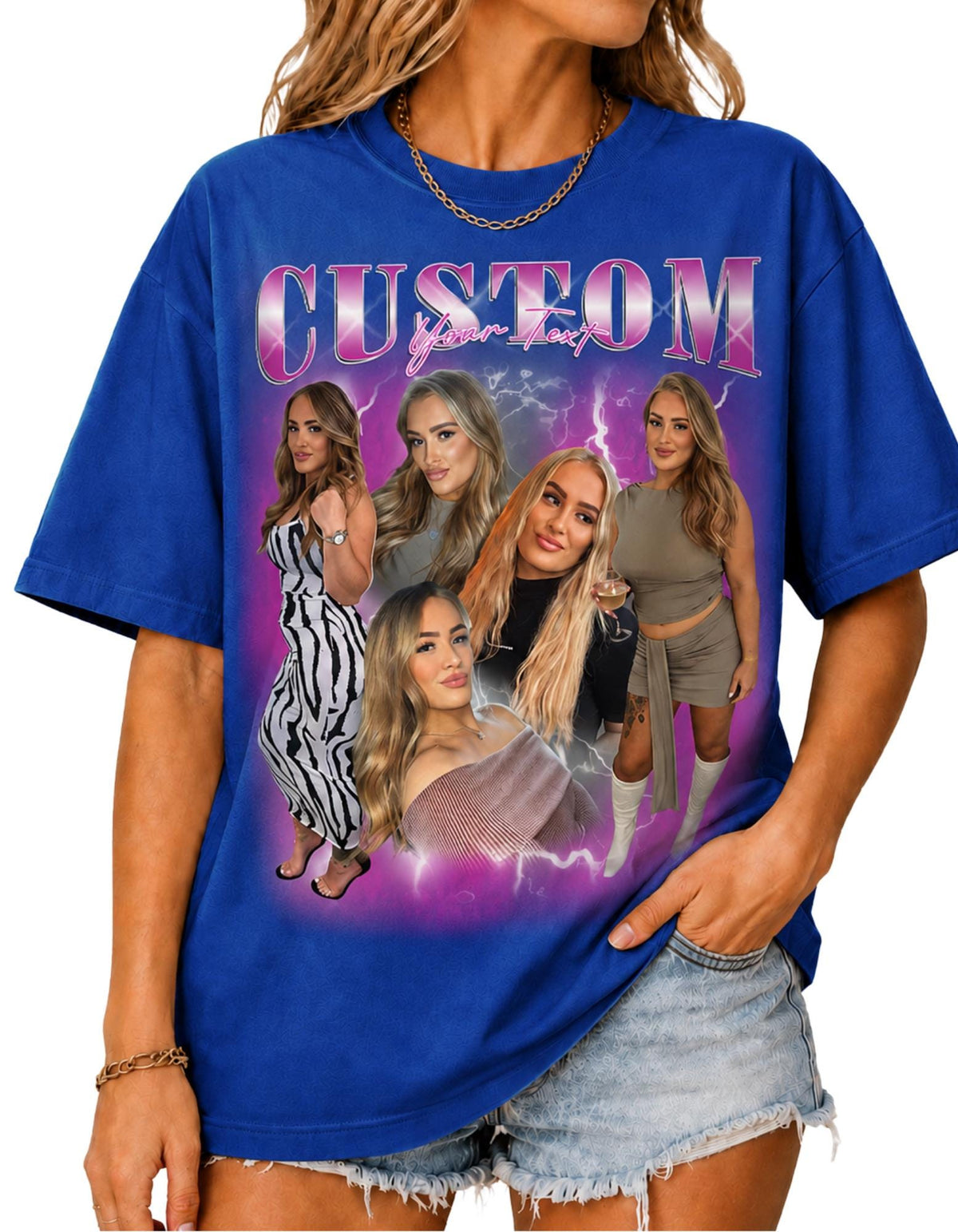 May include: A royal blue short-sleeve t-shirt featuring a graphic print with the text "CUSTOM Your Text" in a metallic font. The design includes multiple photographic portraits of a person against a purple lightning background.