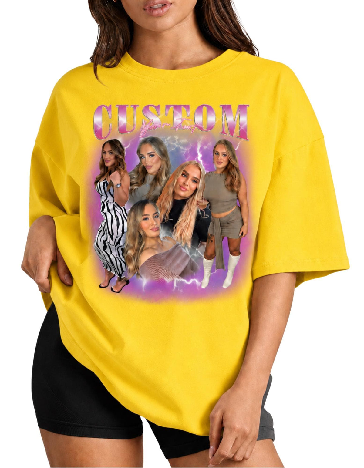 May include: A bright yellow short-sleeve t-shirt featuring a graphic print with the word CUSTOM in metallic pink letters. The design includes a collage of five photographs of the same person against a purple background with white lightning bolts.