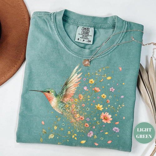 Hummingbird Wildflower T-Shirt, Cottagecore Floral Comfort Colors Tee, Watercolor Bird Lover Gift, Botanical Nature Garden Top, Boho Spring image 1