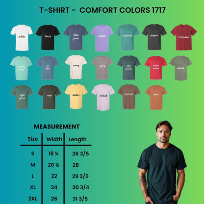 May include: A color chart for Comfort Colors 1717 t-shirts displaying twenty-one solid color options with labels including white, black, blue jean, violet, seafoam, pepper, crimson, chalky mint, ice blue, ivory, grey, blue spruce, watermelon, moss, light green, sage, butter, orchid, espresso, and yam, alongside a size chart with width and length measurements in inches.