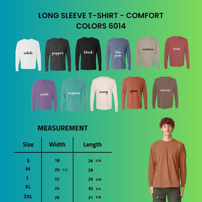 May include: A long sleeve t-shirt color chart displaying thirteen different shades including white, pepper, black, blue jean, sandstone, brick, violet, seafoam, ivory, yam, and espresso, with a size chart showing measurements in inches for sizes S to 2XL.