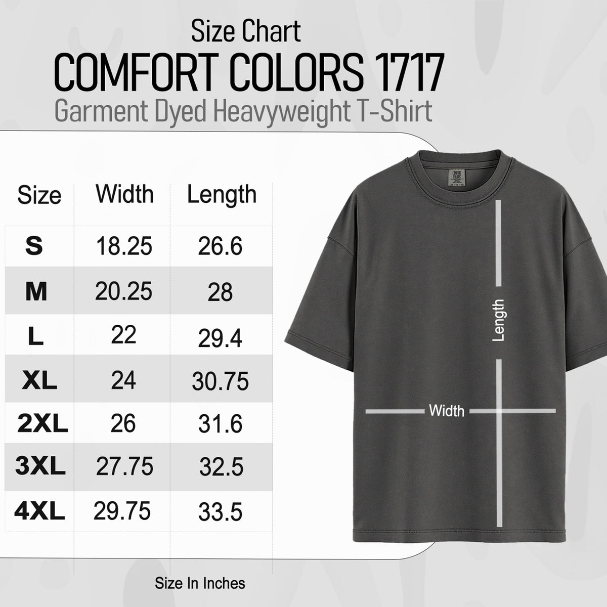 Comfort Colors 1717 size chart with garment dyed heavyweight t-shirt measurements.