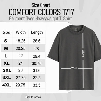 Comfort Colors 1717 size chart with garment dyed heavyweight t-shirt measurements.