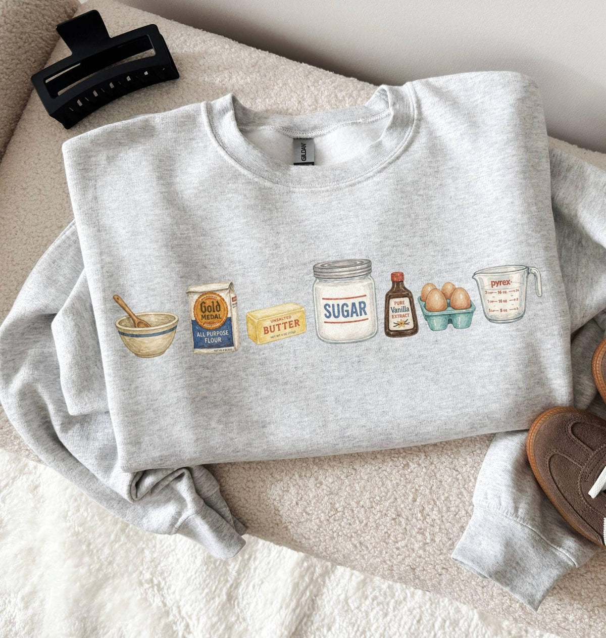 Baking Icons Crewneck Sweatshirt, Flour Mixer Rolling Pin Shirt, Freshly Baked Artisan Bread Shirt, Bakers Cookie Mom Shirt, Gift for Bakers Ash