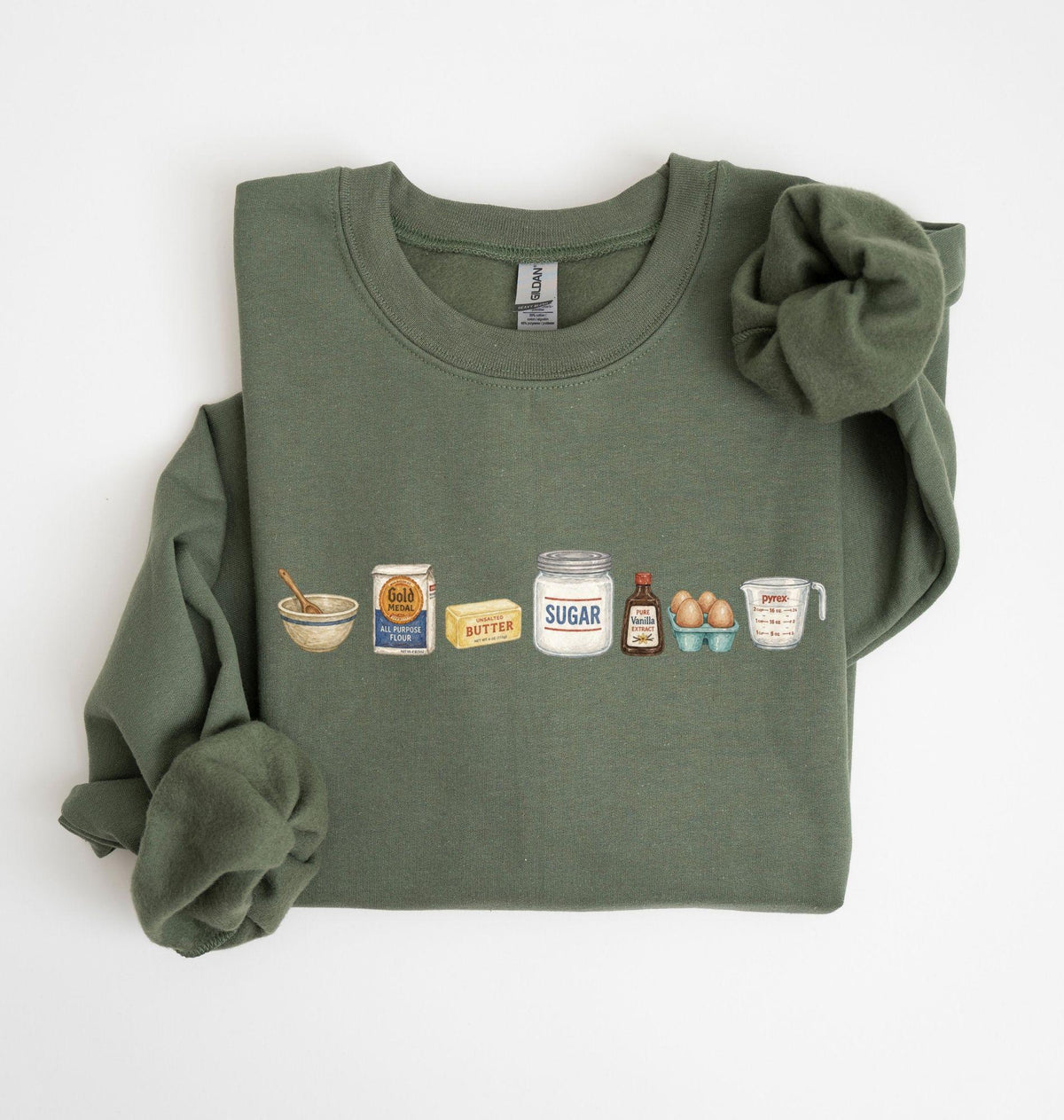 Baking Icons Crewneck Sweatshirt, Flour Mixer Rolling Pin Shirt, Freshly Baked Artisan Bread Shirt, Bakers Cookie Mom Shirt, Gift for Bakers Military Green