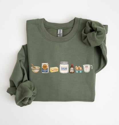 Baking Icons Crewneck Sweatshirt, Flour Mixer Rolling Pin Shirt, Freshly Baked Artisan Bread Shirt, Bakers Cookie Mom Shirt, Gift for Bakers Military Green