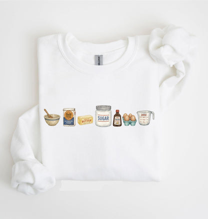 Baking Icons Crewneck Sweatshirt, Flour Mixer Rolling Pin Shirt, Freshly Baked Artisan Bread Shirt, Bakers Cookie Mom Shirt, Gift for Bakers White