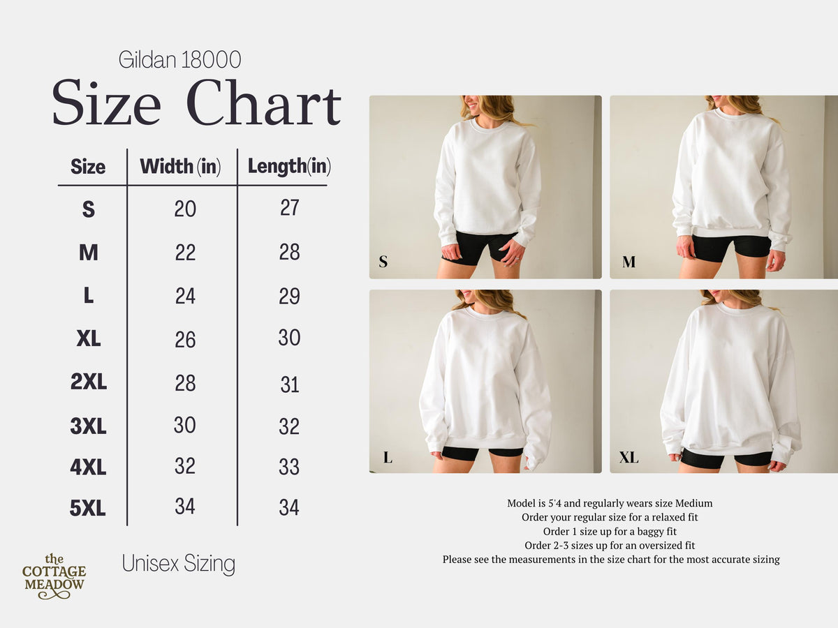 May include: A Gildan 18000 size chart for unisex sweatshirts, displaying width and length measurements in inches for sizes S through 5XL. The chart includes four photographs showing a white sweatshirt worn in sizes S, M, L, and XL, with text notes.