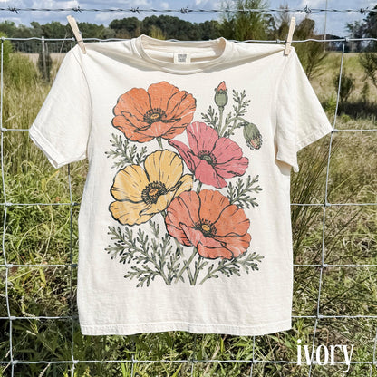 Classic Poppy Flower Graphic Shirt, Wildflower Botanical Nature Tee, Vintage Cottagecore Garden Style Top, Comfort Colors® Bloom Gift Tee image 1