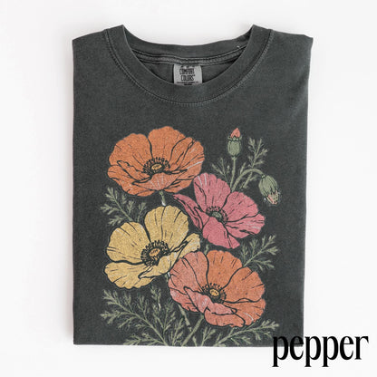 Classic Poppy Flower Graphic Shirt, Wildflower Botanical Nature Tee, Vintage Cottagecore Garden Style Top, Comfort Colors® Bloom Gift Tee image 2