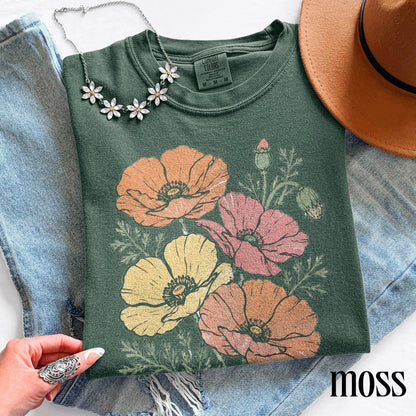 Classic Poppy Flower Graphic Shirt, Wildflower Botanical Nature Tee, Vintage Cottagecore Garden Style Top, Comfort Colors® Bloom Gift Tee image 4