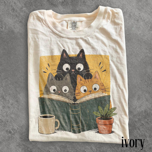 Retro Curious Reading Cats Graphic Tee, Book Lover Cat Shirt, Cozy Cottagecore Vintage Top, Comfort Colors® Reader Gift Tee image 1