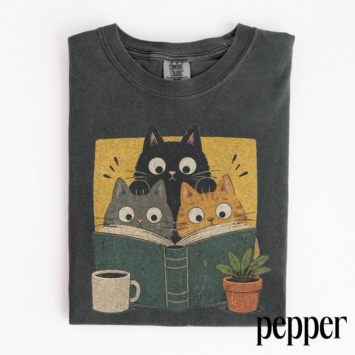 Retro Curious Reading Cats Graphic Tee, Book Lover Cat Shirt, Cozy Cottagecore Vintage Top, Comfort Colors® Reader Gift Tee
