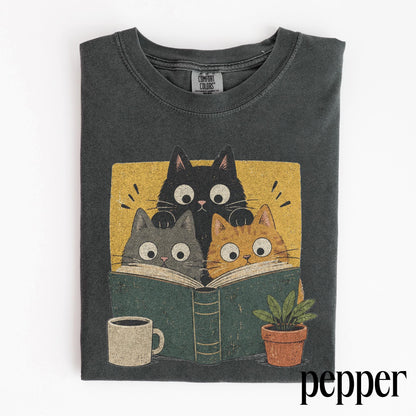Retro Curious Reading Cats Graphic Tee, Book Lover Cat Shirt, Cozy Cottagecore Vintage Top, Comfort Colors® Reader Gift Tee image 2