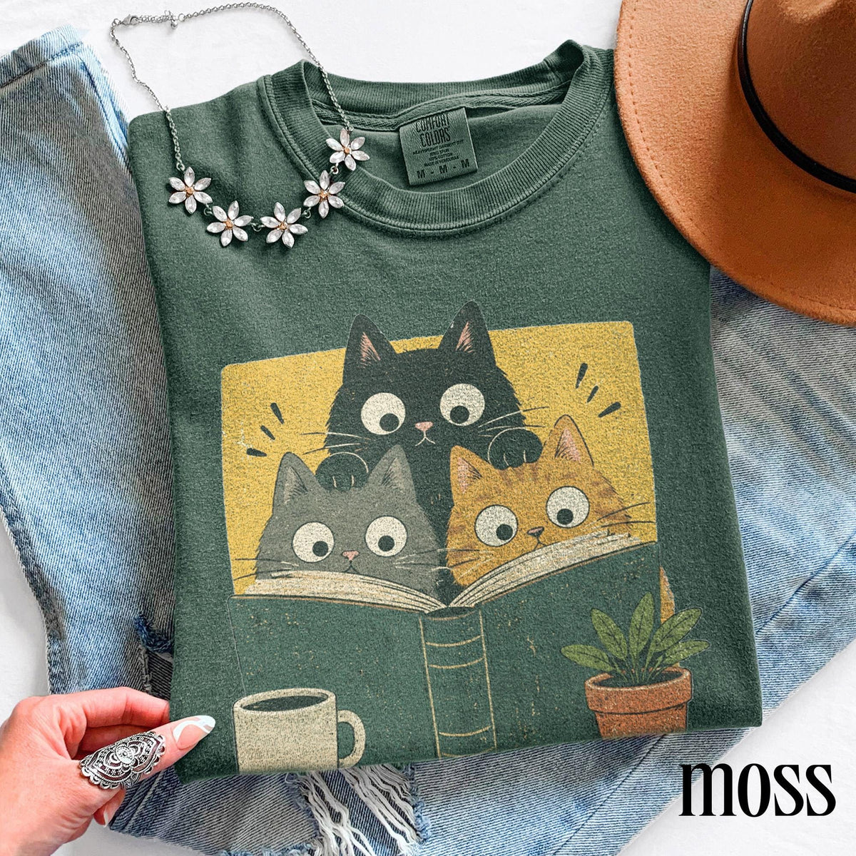 Retro Curious Reading Cats Graphic Tee, Book Lover Cat Shirt, Cozy Cottagecore Vintage Top, Comfort Colors® Reader Gift Tee image 3