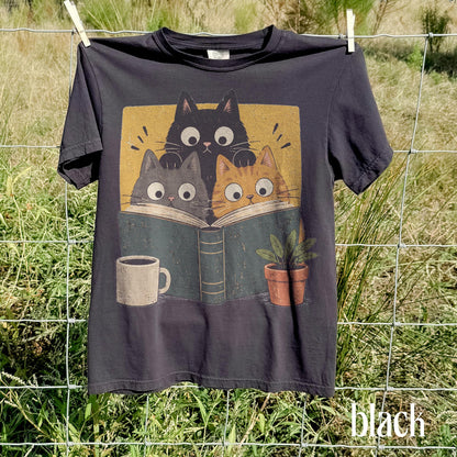 Retro Curious Reading Cats Graphic Tee, Book Lover Cat Shirt, Cozy Cottagecore Vintage Top, Comfort Colors® Reader Gift Tee image 4