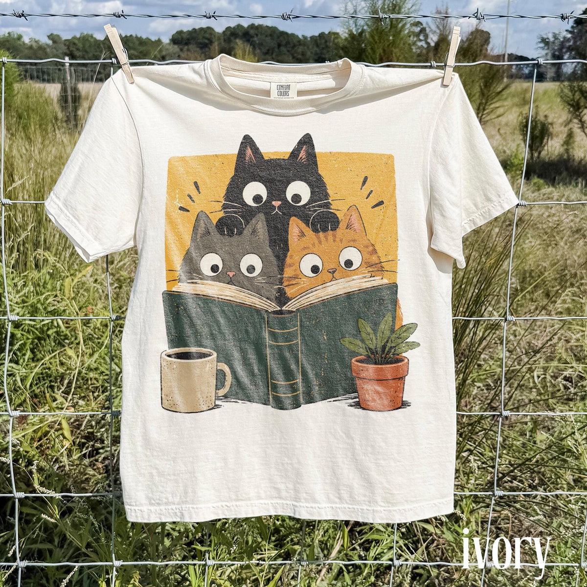 Retro Curious Reading Cats Graphic Tee, Book Lover Cat Shirt, Cozy Cottagecore Vintage Top, Comfort Colors® Reader Gift Tee image 5